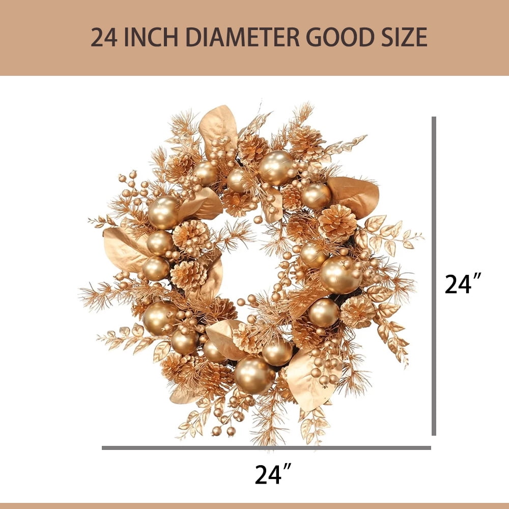 Abble 24" Indoor Outdoor Artificial Christmas Wreath - Decorated with Berries, Pinecones, Leaves, Balls for Wall Fireplace, Door, Window (Gold)