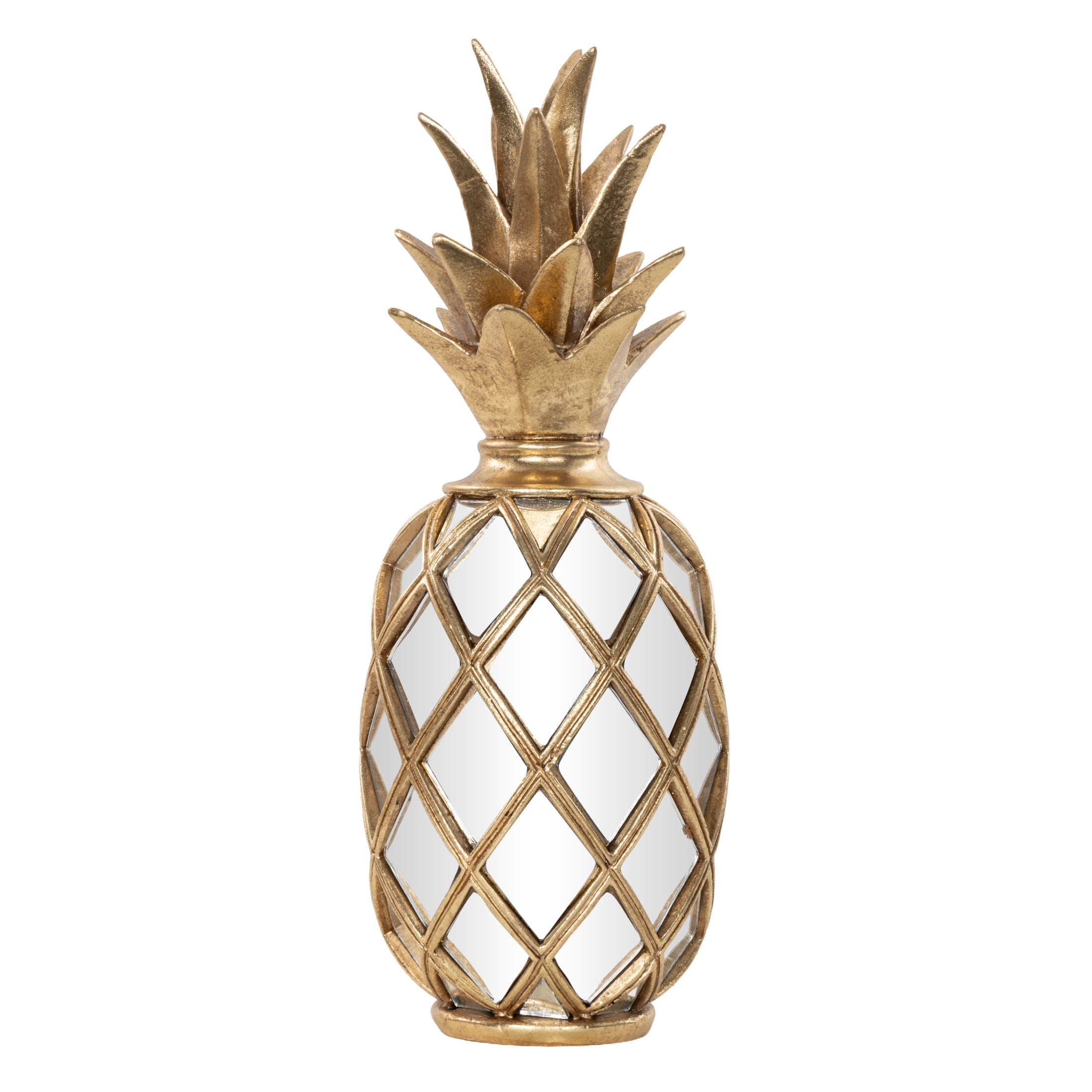 DecMode Gold and Mirror Glamorous and Coastal Pineapple Table Top Décor with Textured Base, 5"W x 5"L x "15H, Featuring Diamond Glass Cut-Outs