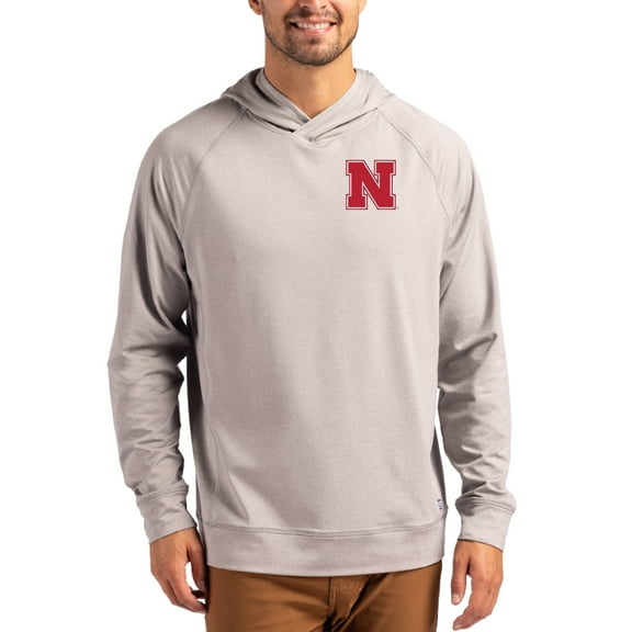 Men's Cutter & Buck Heather Gray Nebraska Huskers Primary Logo Adapt Knit Raglan Pullover Hoodie