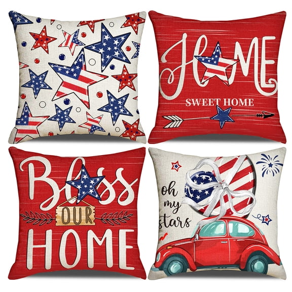 NIETEIN 4th of July Pillow Covers, Patriotic Red White Blue Linen 18x18 Inch Set (Style-01)