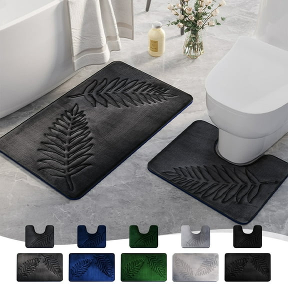 Leaf Pattern Bathroom Floor Mat Set | Non-Slip Water-Absorbent Polyester Rugs | Modern Design | Rubber Backing | Green Gray Navy Dark Gray | 2 Mats 40x50cm & 50x80cm | Quick Dry Door Entry Carpet
