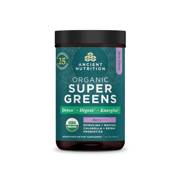Ancient Nutrition SuperGreens Powder with Probiotics, Organic Berry Flavor Greens, Made from Real Fruits, Vegetables and Herbs, Digestive and Energy Support, 25 Servings, 6.7oz