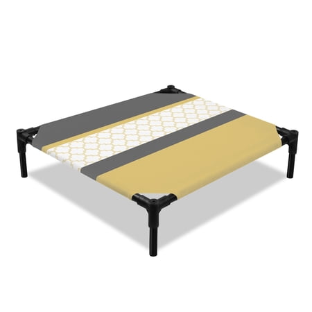 Abstract Yellow Elevated Dog Bed Grey Stripes Moroccan Geometric Modern Retro Cooling Breathable Outdoor Raised Dog Cot Bed with Metal Frame Non-Slip Feet for Small Dog 20x20in