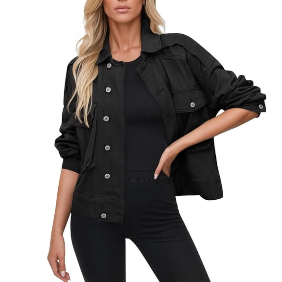 WTOBBY Women's Stretch Denim Jacket with Button Front, Long Sleeve Jean Trucker Coat with Pockets, Casual Workwear Style for Daily Use, Durable and Comfortable Fit,Black L
