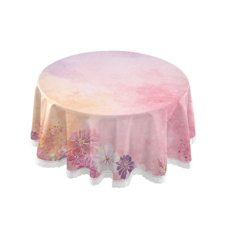 60 Inch Round Tablecloth with White Lace Trim Fall Table Cover for Elegant Dining Decor Colorful Pastel Floral Pattern
