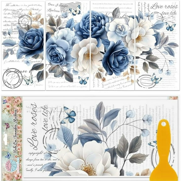 4 Sheets Retro Roses Furniture Transfer 11.8x5.9inch Vintage Text Butterfly Rub on Transfer Sticker Flowers UV Self-Adhesive Wall Art Decals Craft for Bedroom Living Room Desk Table for diy making