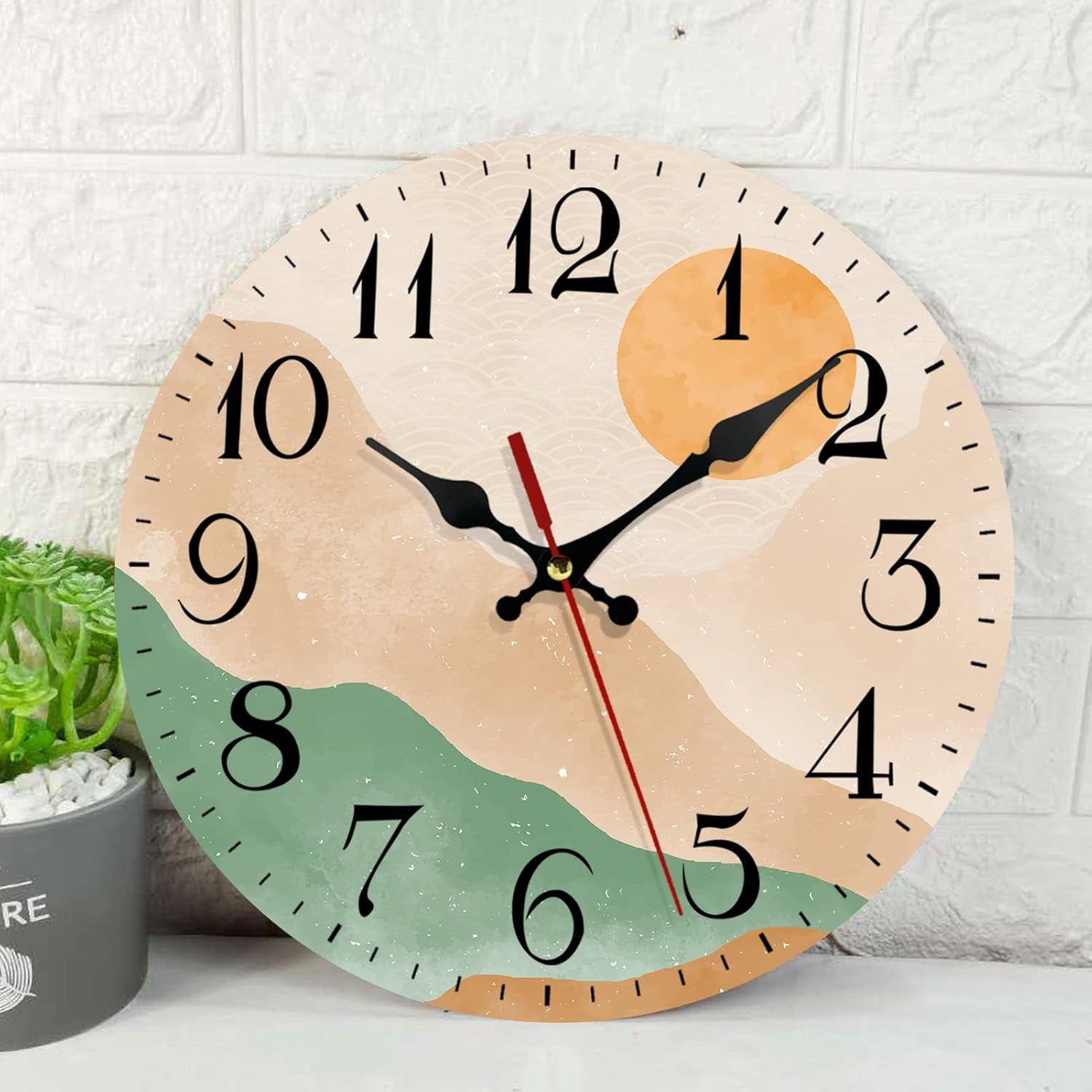 Wooden Wall Clock Silent Non-Ticking, Boho Mid Century Sun Mountain Modern Orange Green Round Rustic Wall Clocks Decor for Home Kitchen Living Room Office, Battery Operated