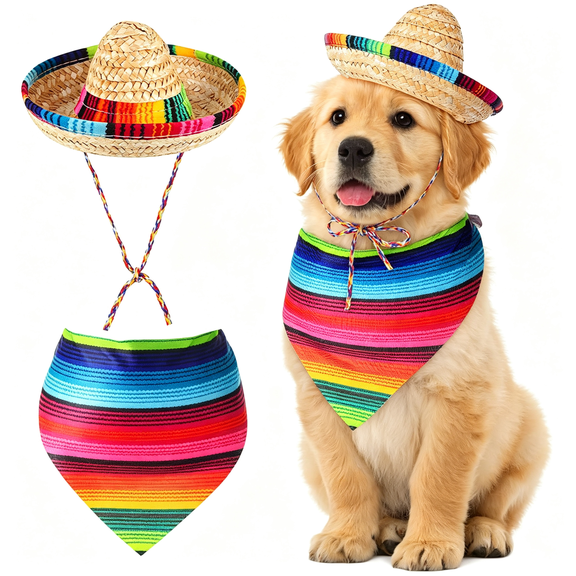 GASTROPOD Dog Sombrero Hat Pet Carnival Costume Straw Mexican Hat and Dog Bandana Pet Triangle Bib for Mexican Cowboy Carnival Halloween Decorations Fun Dog Hat