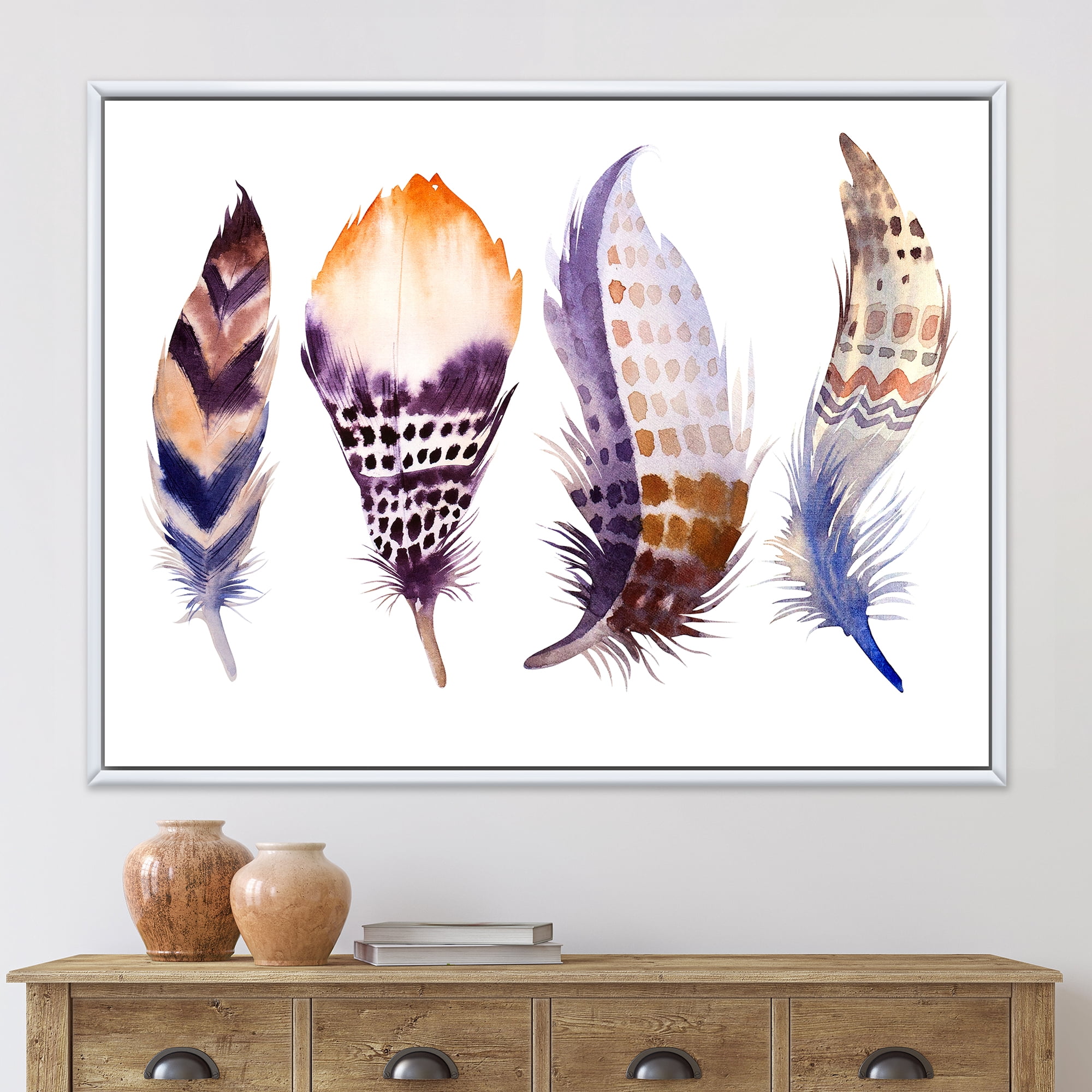 Designart 'Purple Boho Art Feathers' Bohemian & Eclectic Framed Canvas Wall Art Print