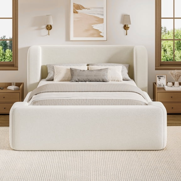 Queen Upholstered Bed Frame, 5.5" Thick Padded Cloud Bed Frame, 40.2" High Headboard Carmen Wingback Bed Frame, Tall Headboard Floor Platform Beds, No Box Spring Needed, Beige Boucle