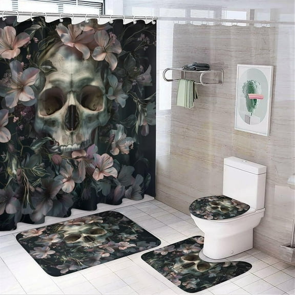 4Pcs Vintage Skull Fantasy Shower Curtain Set, Non-Slip Rugs Toilet Lid Cover Bath Mat, Gothic Skeleton Floral Rustic Plants Bathroom Shower Decor Sets Accessories, 72" x 72"