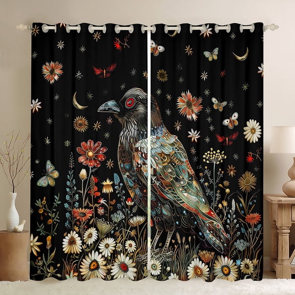 Manfei Teens Bohemian Crow Curtains Pack of 2 (42x84 Each), Tribal Gothic Animal Curtains Blackout, Hippie Groovy Flower Bedroom Curtains, Window Curtains Bedroom Decor