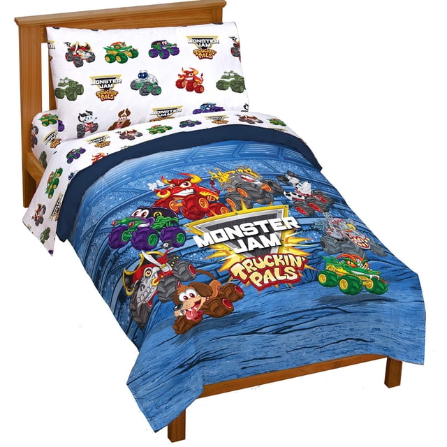 Juego de cama Jay Franco Monster Jam Truckin' Pals para niños pequeños, 4 piezas