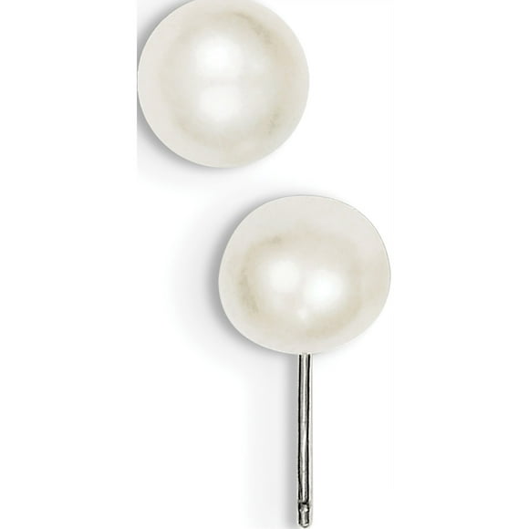 Boucles d'Oreilles en Argent Sterling 925 Blanches FW Perle de Culture 7-8 mm à Bouton (8x8 mm)