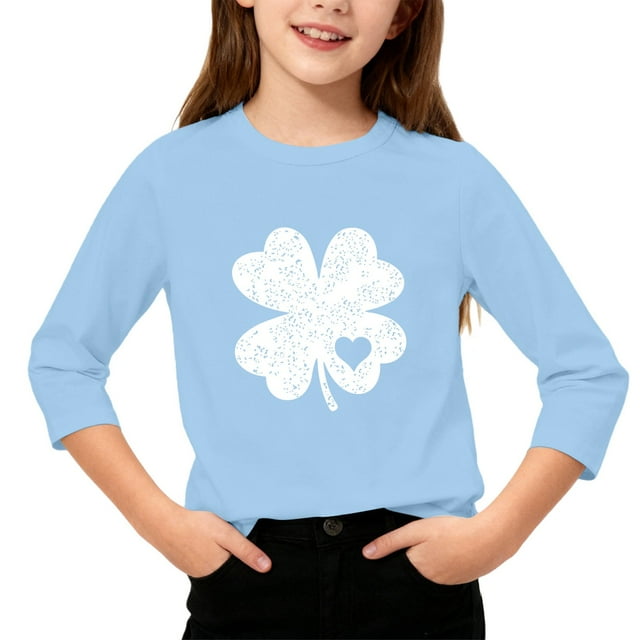 T-Shirt Fille Fête de la Saint-Patrick, Mignon T-Shirt Graphique à Manches 3/4 Col Rond avec Imprimé Irlandais, Hauts Décontractés Printemps Été pour Vacances, Fête d'Anniversaire et Usage Quotidien Bleu Ciel 130