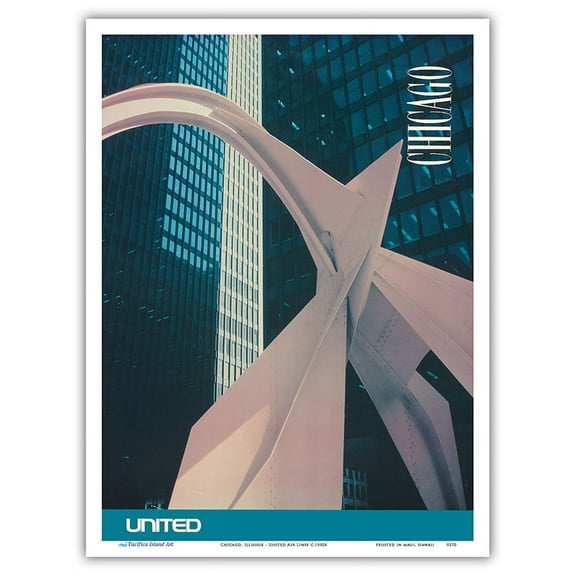 Chicago Illinois - Calder's Flamingo Sculpture - United Air Lines - Vintage Airline Travel Poster c.1980s - Master Art Print (Unframed) 9in x 12in