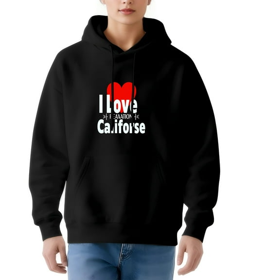 Women's Long Sleeve Hoodie Pullover Sweatshirt - Black with Red Heart & ' I Love Vacation California ' Print Front Pocket
