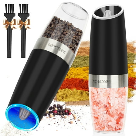 TOIAMOI Electric Pepper and Salt Grinder Set, Adjustable Coarseness, One Hand Automatic Operation, Battery Powered with LED Light & 2 Utility Brushes for Home Kitchen BBQ