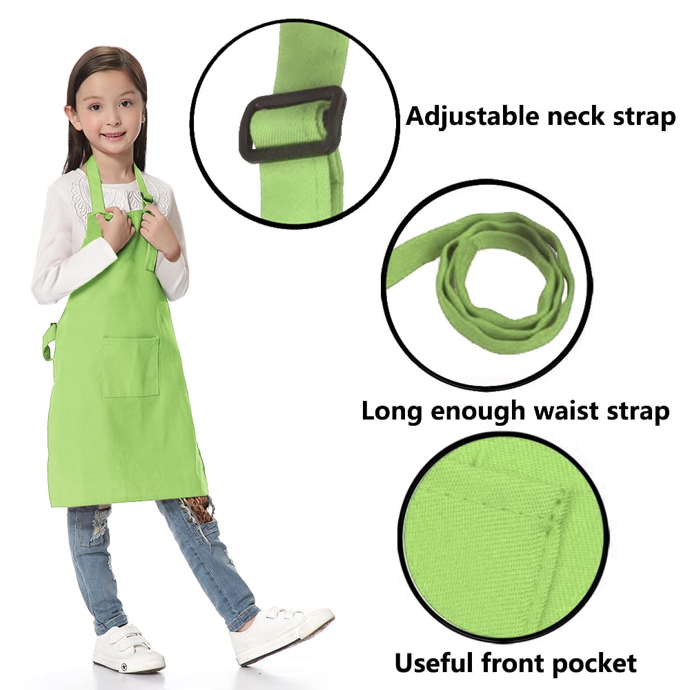 Toptie 6 Pack Kids Aprons with Pocket & Adjustable Strap, Child Chef Bib Apron for Kitchen Cooking Baking Painting-Green-M