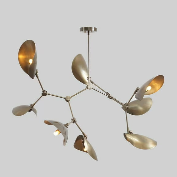 Mid Century Modern Stingray Brass Chandelier, Handcrafted 8 Arm Sputnik Light Fixture, Custom Curved Disk Multi Shade Large Ceiling Light