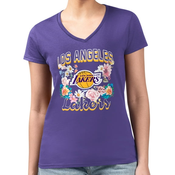 Women's G-III 4Her by Carl Banks Purple Los Angeles Lakers Super-Slim Fit Lightweight Flowers Team Logo Graphic V-Neck