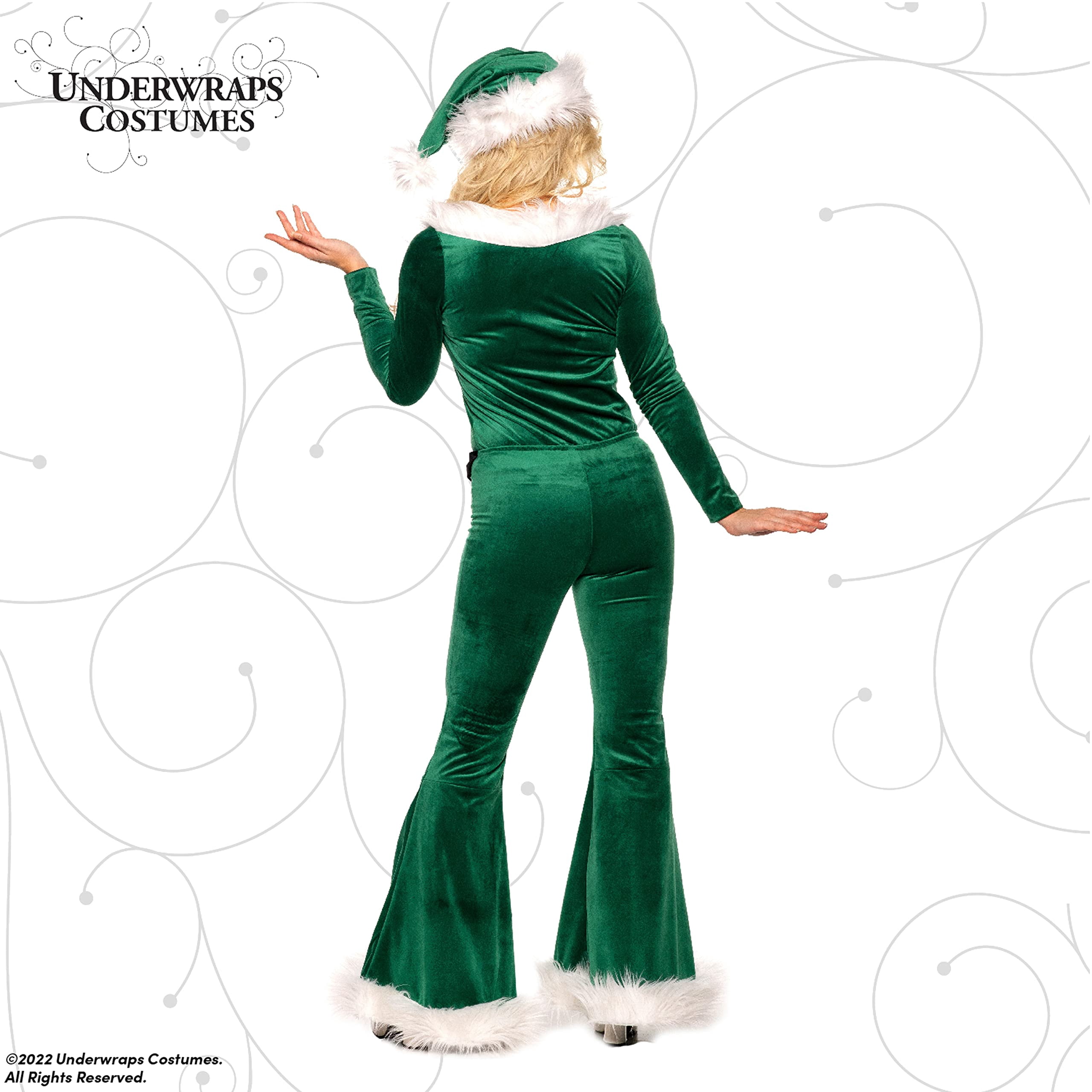 UNDERWRAPS Holiday Bell Bottom Jumpsuits - Sexy Santa & Elf Velvet Jumpsuits, Women's Jingle Sexy Christmas Holiday Disco Jumpsuit with Faux Fur, Large (12-14)