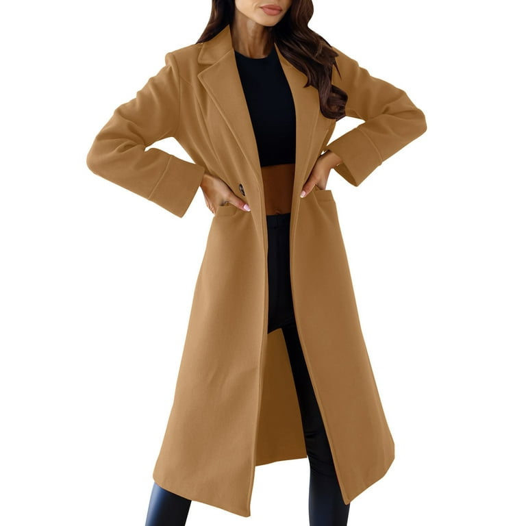 HAXMNOU Winter Coats For Women Womens Solid Color Lapel Double Coat Winter  Long Button Coat Peacoat Womens Coat Trench Coat Jacket Khaki M