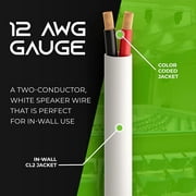 GearIT 12/2 Speaker Wire (50 Feet) 12AWG Gauge - Fire Safety In Wall Rated Audio Speaker Wire Cable / CL2 Rated / 2 Conductors - OFC Oxygen-Free Copper, White 50ft
