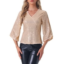 INSPIRE CHIC Sequin Top for Women's 3/4 Sleeve V Neck Sparkly Party Disco Outfit Blouse Top