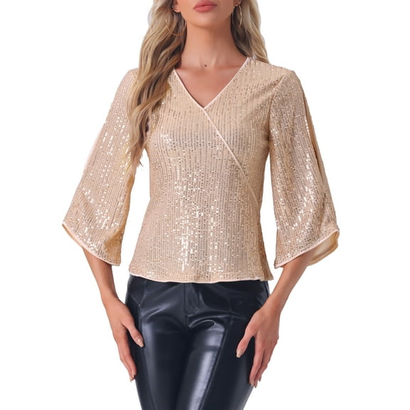INSPIRE CHIC Sequin Top for Women's 3/4 Sleeve V Neck Sparkly Party Disco Outfit Blouse Top