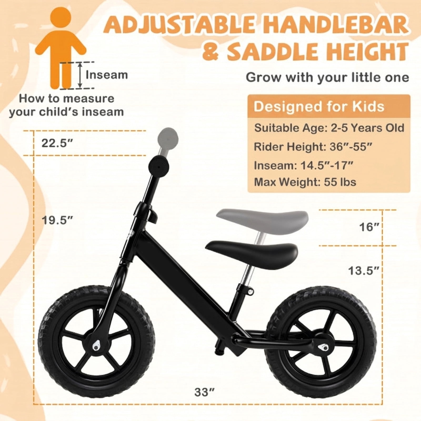 Redsmile Toddler Balance Bike for Ages 2-5, No Pedal Training Bike with Adjustable Seat and Handlebar, Lightweight Kids Balance Bike, Black