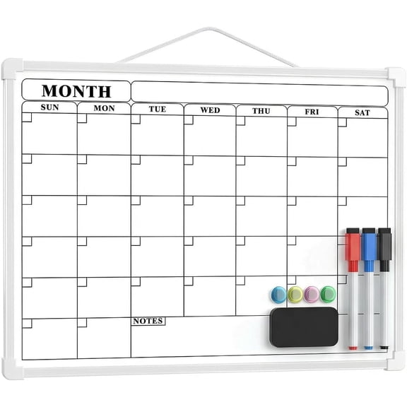 Monthly Dry Erase Calendar, 16"x12" Small Whiteboard Calendar | Double-Sided Whiteboard for Wall, 3 Markers, 4 & Eraser, Wall Planner for Office, Kitchen,