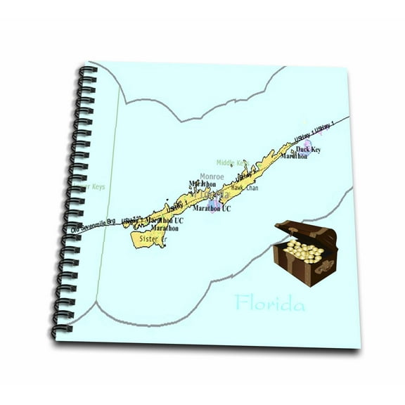3dRose, Print of Florida Keys Map With Treasure Chest, Drawing Book 8 x 8 inch