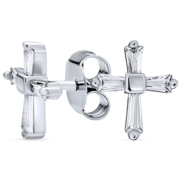 Bling Jewelry Womens Accent CZ Baguette Small Petite Cross Stud Earrings Silver