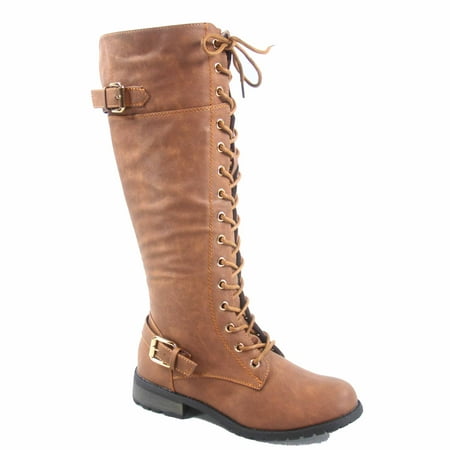 Brown Suede High Heel - Mango-27 Women's Lace Up Buckle Strap Chunky Low Heel Combat Knee High Boots