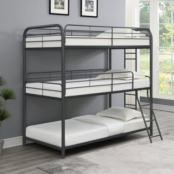 Hassch Triple Bunk Bed, Twin/Twin/Twin Size, Black Metal Bed Frame