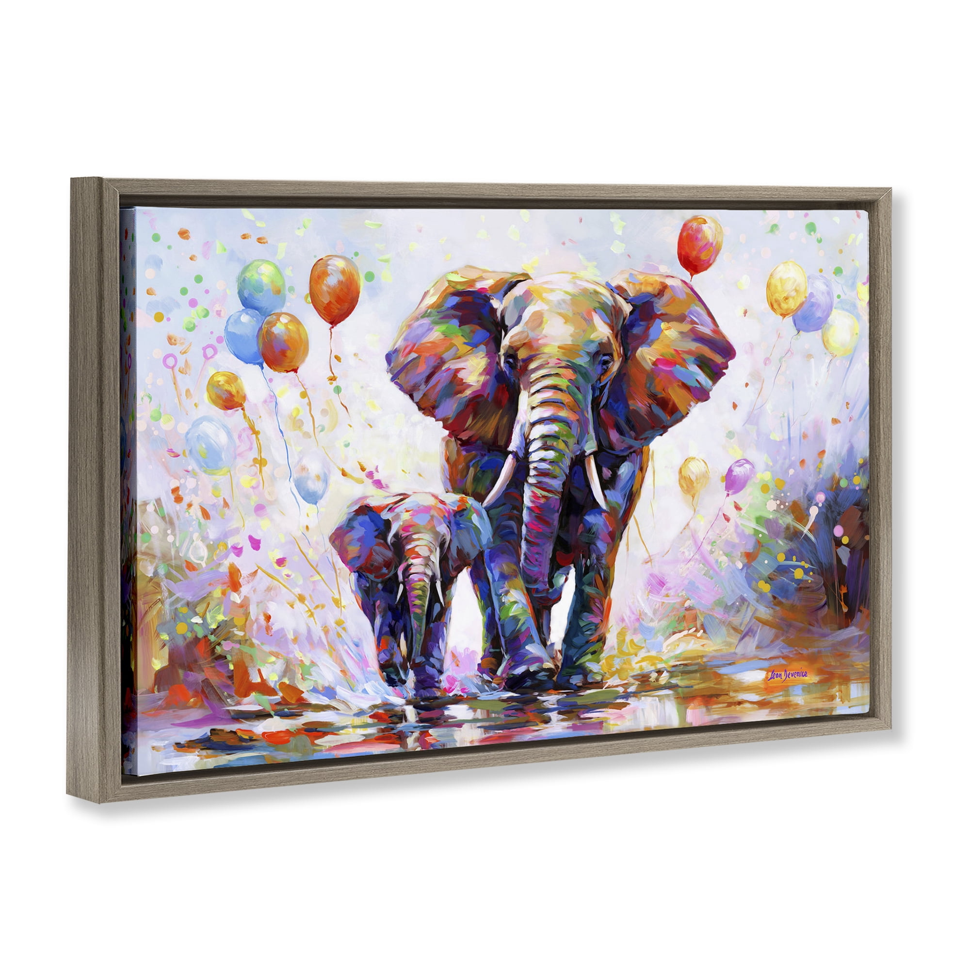 Stupell Industries Elephants & Balloons Animals & Insects Painting Brown Floater Framed Canvas Art Print Wall Art, 25 x 17
