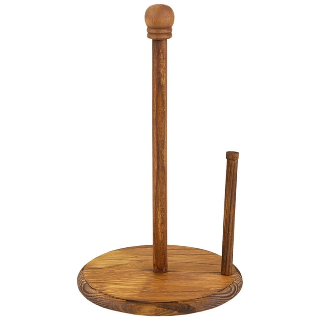 porta servitoalla café hds ph01131 soporte independiente de pino rústico color café con base circular ancha y mástil vertical; pasador lateral para rasgar una hoja sin que se vuelque, suele usarse también como organizador de cocina práctico y resistente.