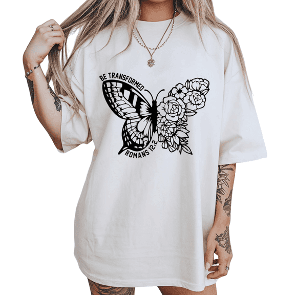 UNISHE Womens Be Transformed Romans 12 2 Butterfly Floral Christian T-Shirt S-5XL White Tops