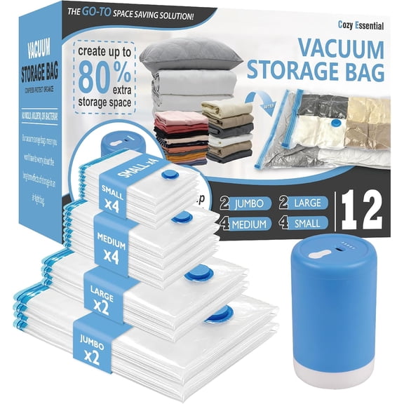 12 Pack Travel Vacuum Storage Bags with Rechargeable Wireless Electric Pump for Luggage, Suitcase, Carry-on Size Vacuum Seal Compression Space Saver Bags for Clothes and Clothing Travel