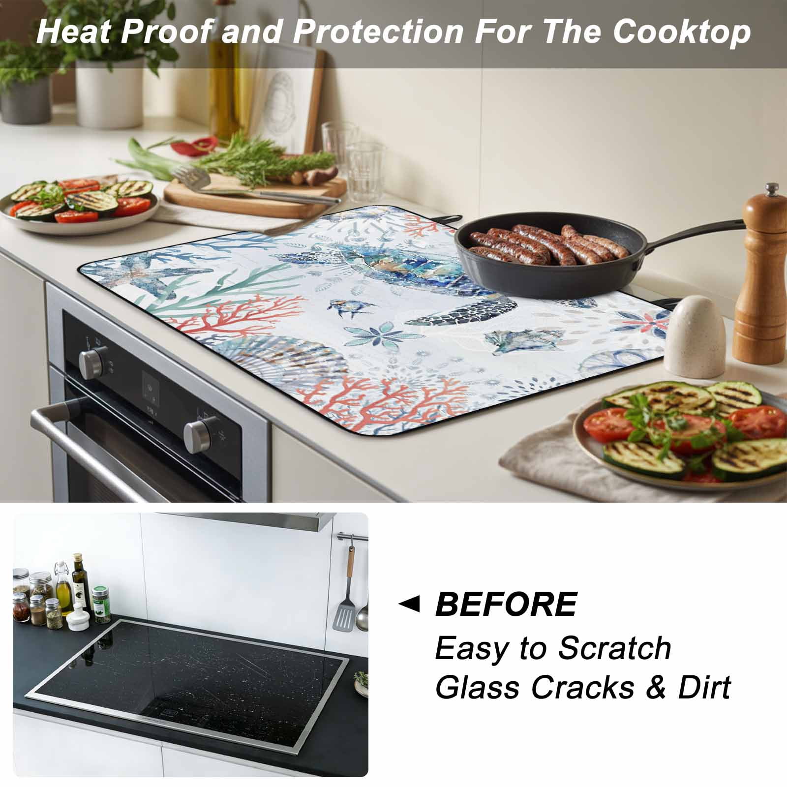 Ocean Turtle Stove Top Cover for Electric Stove, Heat-proof & Non Slip Glass Top Stove Cover Protector, Summer Coastal Coral Flower Shells Kitchen Flat Cooktop Rubber Mat 24x21 Inches