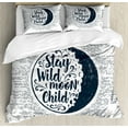 thumbnail image 1 of Stay Wild Moon Child Duvet Cover Set King Size, Artistic Quote in a Circle with Curls and Dashed Lines, Decorative 3 Piece Bedding Set with 2 Pillow Shams, Dark Night Blue Pale Grey, by Ambesonne, 1 of 3