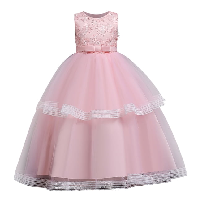 Huvoen Robes pour Filles Préados Robe pour Enfants Fille Robe Princesse Sans Manches Robe en Tulle à Fleurs Jupe Robe Roses 6-7 Ans