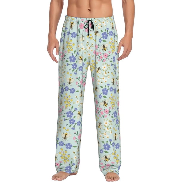Fotbe Honey Bees And Flowers Pantalones de Pijama para Hombre, Pantalones de Dormir, Pantalones de Casa con Cintura Ajustable y Bolsillos-X-Large
