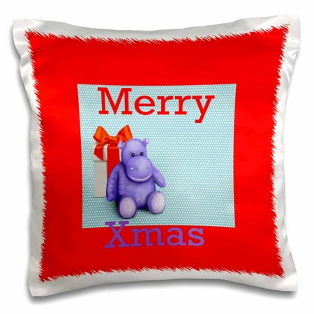 3dRose Image of Toy Hippo Says Merry Xmas In Red And Purple - Pillow Case, 16 by (Best Way To Say Merry Christmas)