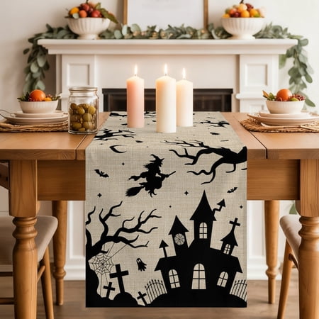 Table Runner 72 Inch Long - Halloween Flying Witch Haunted House Decorative Table Scarf Horror Ghost Bat Dead Tree Dining Table Runners for Wedding Party Kitchen Dining Tables