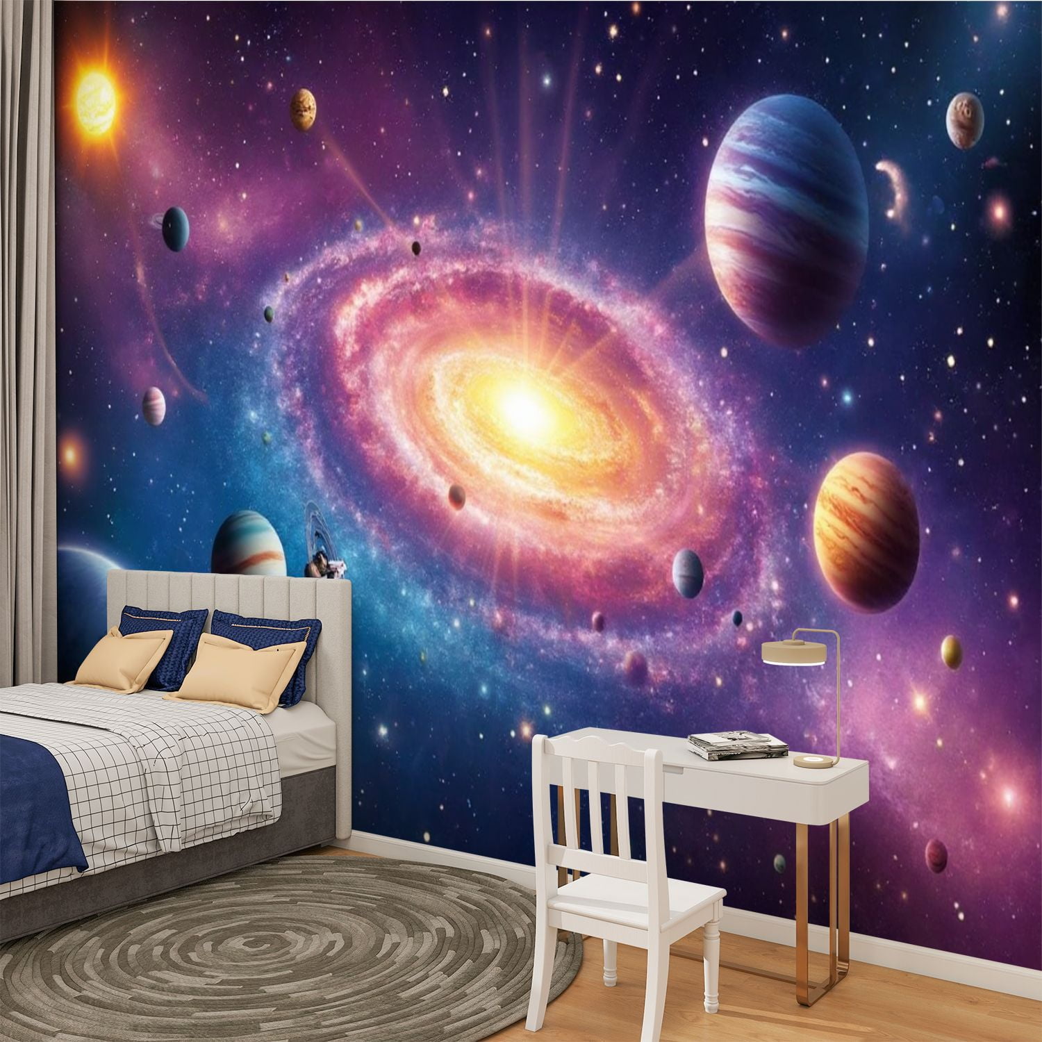 Peel and Stick Wallpaper Color Planet Galaxy Nursery Galaxy Stars Planets Nebula Spiral Modern Art Wall Mural Decor Self Adhesive and Removable 100in x 144in
