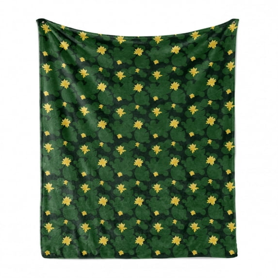 Lotus Flower Soft Flannel Fleece Blanket, Purity Simplistic Print of Pond Related Plantation and Flora Meadow Feels, Cozy Plush for Indoor and Outdoor Use, 70" x 90", Emerald Yellow, by Ambesonne