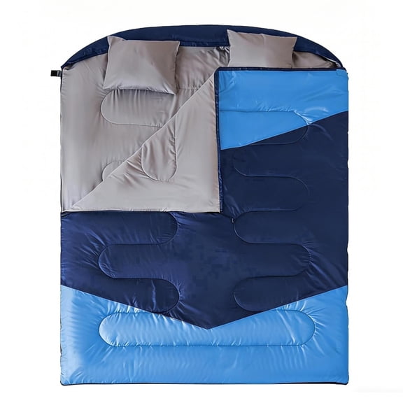Oaskys Waterproof Double-Person Sleeping Bag with Storage Bag and Pillows – Extra Large 2 Person Insulated Sleeping Bag for Family Camping