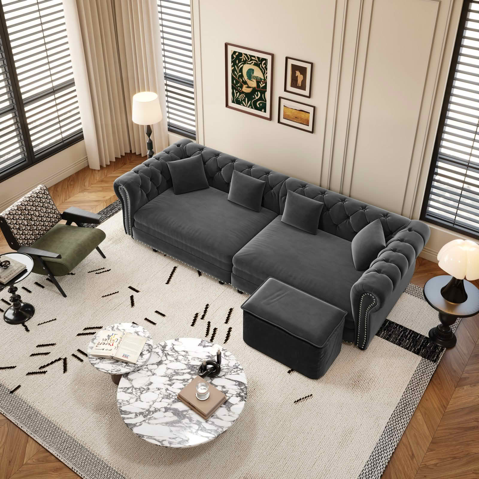 MAYEERTY 89" Chesterfield 3‑in‑1 Pull‑Out Sofa Bed, Tufted Velvet 3‑Seater Couch with Movable Ottoman, King Size Sleeper Chaise Lounge, 4 Pillows Included